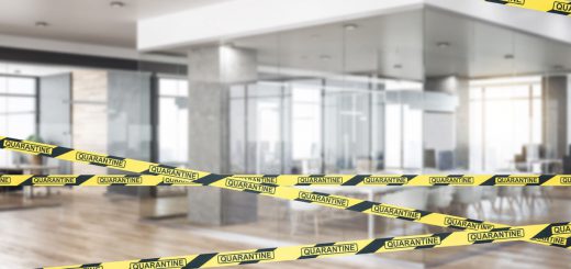 Yellow and black stripes in modern office interior with furniture and daylight. Workplace and coronavirus quarantine concept. 3D Rendering